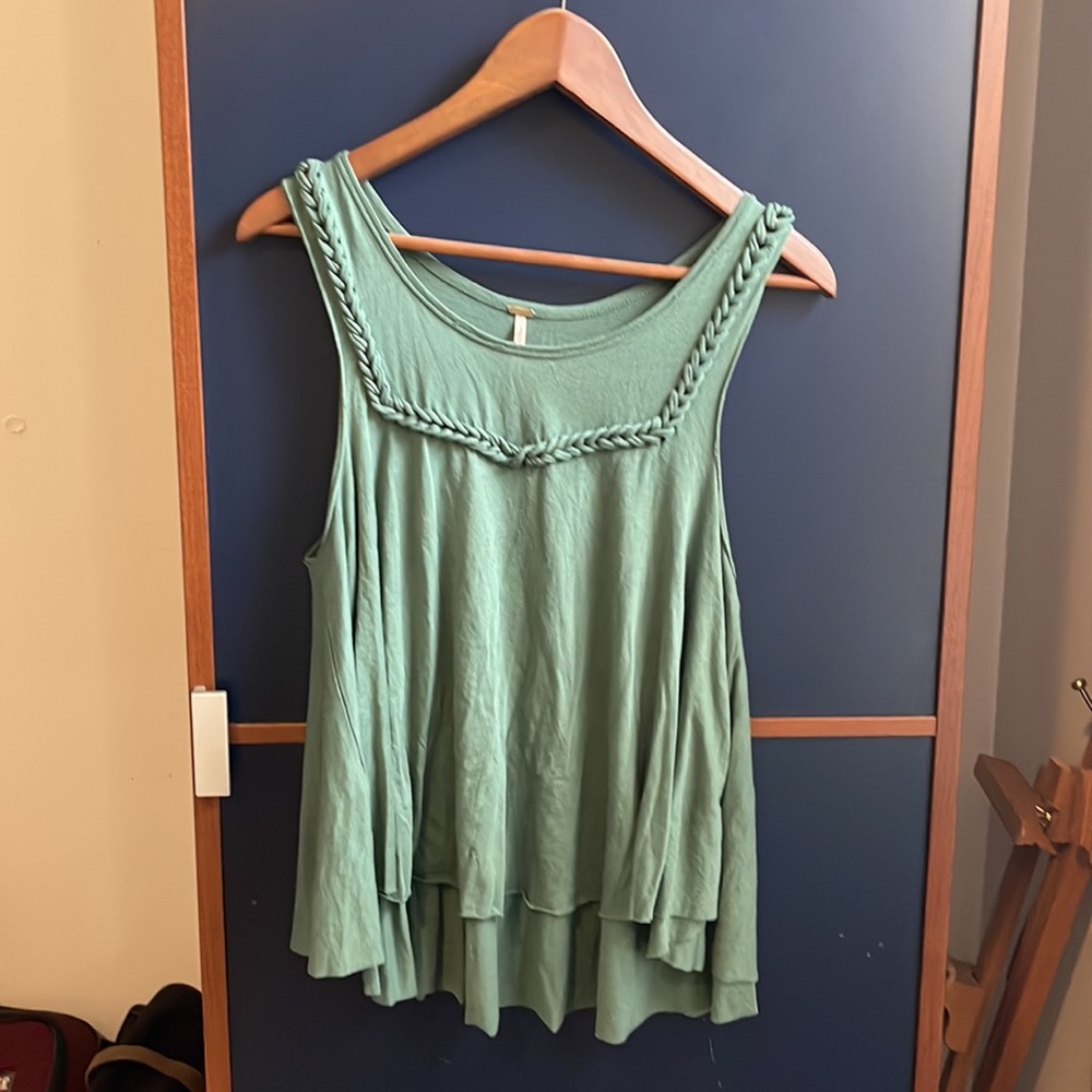 Free People forest green sleeveless blouse with braid detail and draped cut